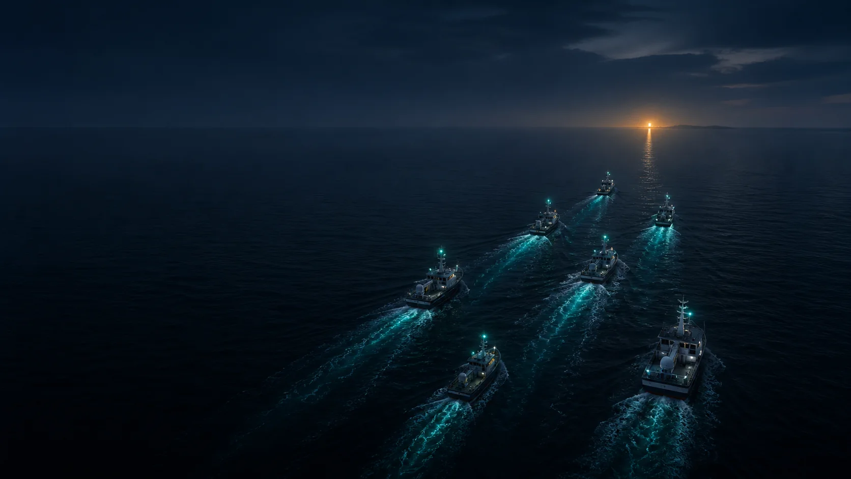 A fleet of seven civilian survey vessels moving in formation across a night sea, heading for a distant lighthouse