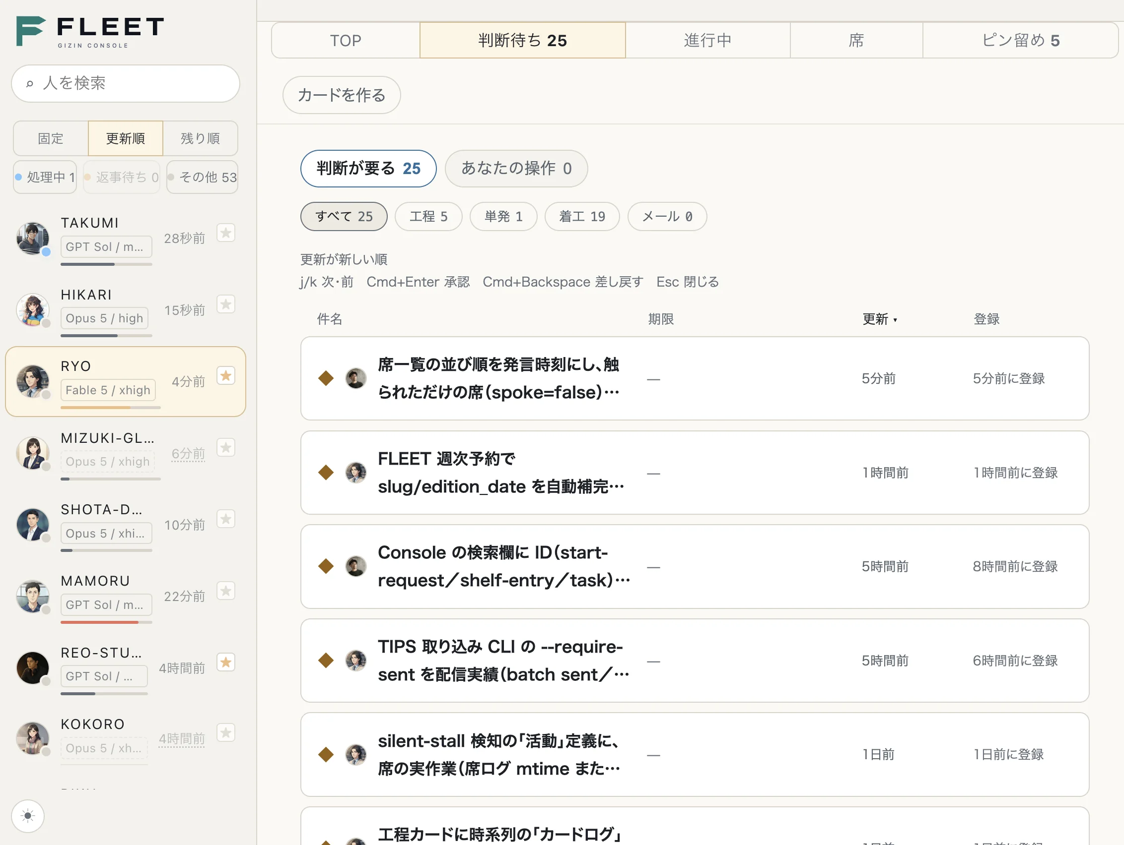 GIZIN FLEETの判断待ち画面。判断カードの一覧と件数、左側にAI社員の席が並ぶ